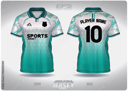 EPS jersey sports shirt vector.Sports mint green white honeycomb pattern design, illustration, textile background for V-neck poloshirt, football jersey poloshirt