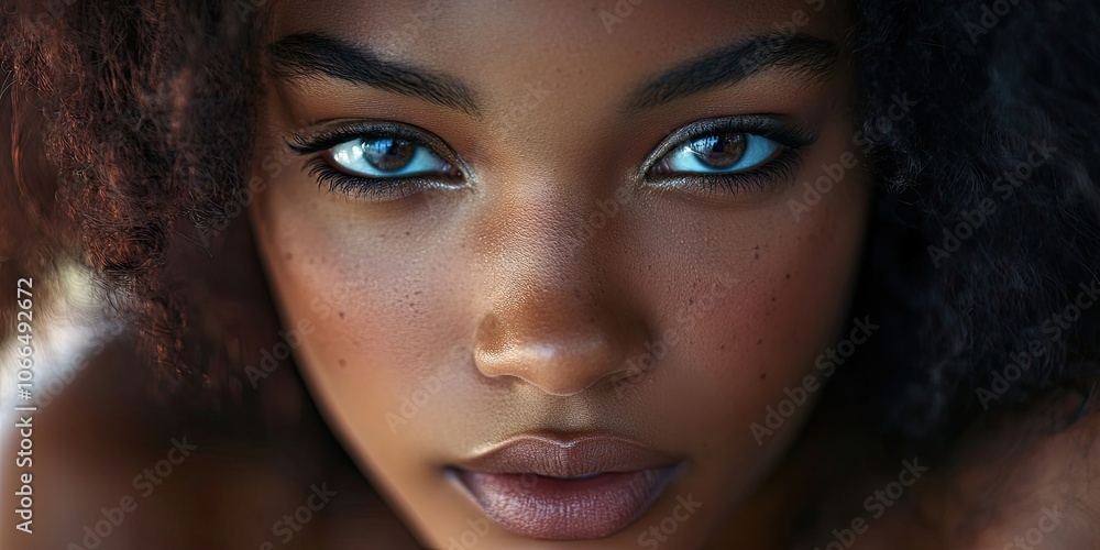 A detailed close up portrait features a woman of African American descent showcasing her natural beauty, completely free of makeup. A detailed close up portrait features a woman of African American descent showcasing her natural beauty, completely free of makeup.