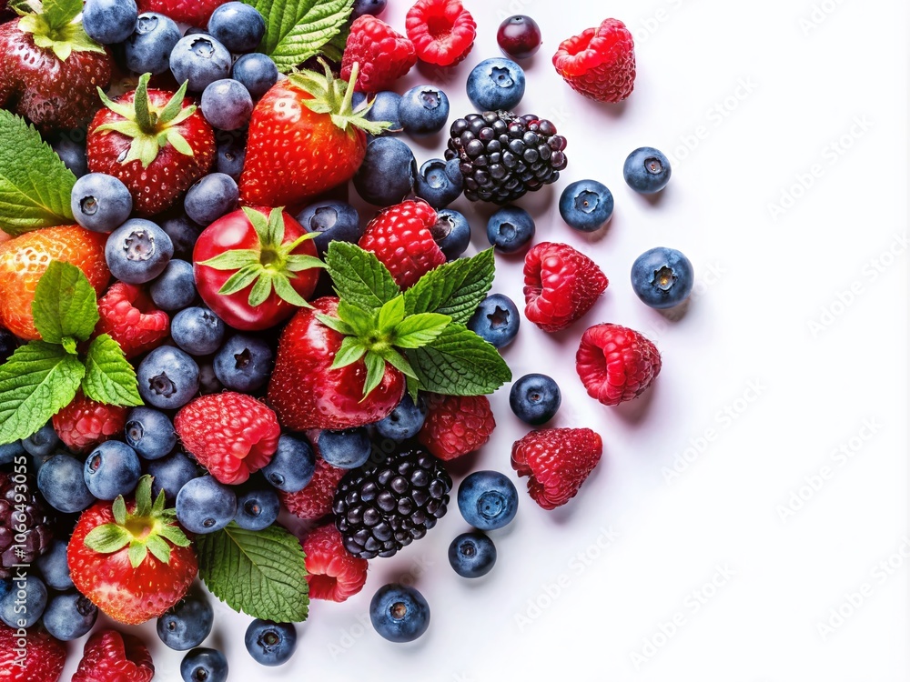 Obraz premium Assorted Berries Collection Isolated on Transparent Background - Fresh Blueberries, Raspberries, Strawberries, Blackberries, and More for Delicious Healthy Recipes and Smoothies