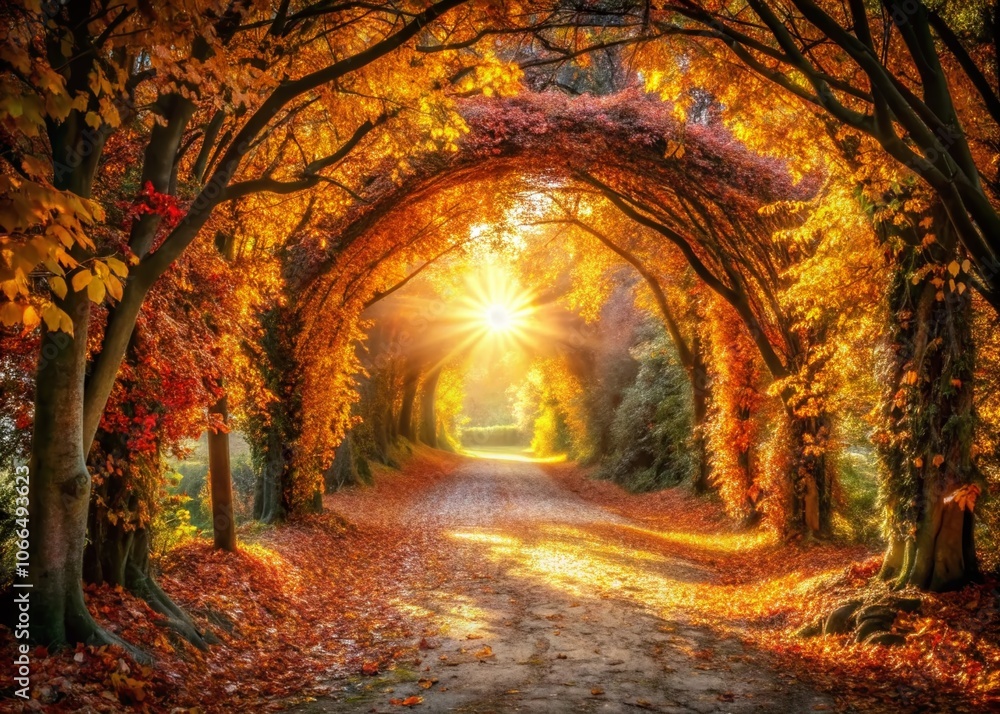 Fototapeta premium Autumn Sunlight Through Bower Pathway for Outdoor Events and Seasonal Designs