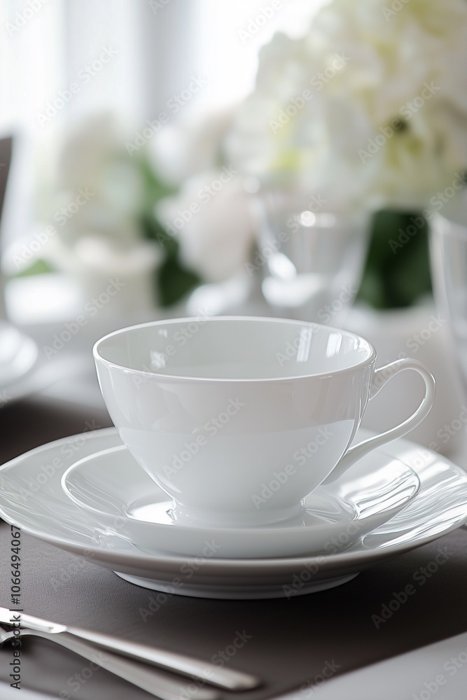 A sophisticated and elegant table setting featuring pristine white porcelain dinnerware. A sophisticated and elegant table setting featuring pristine white porcelain dinnerware.
