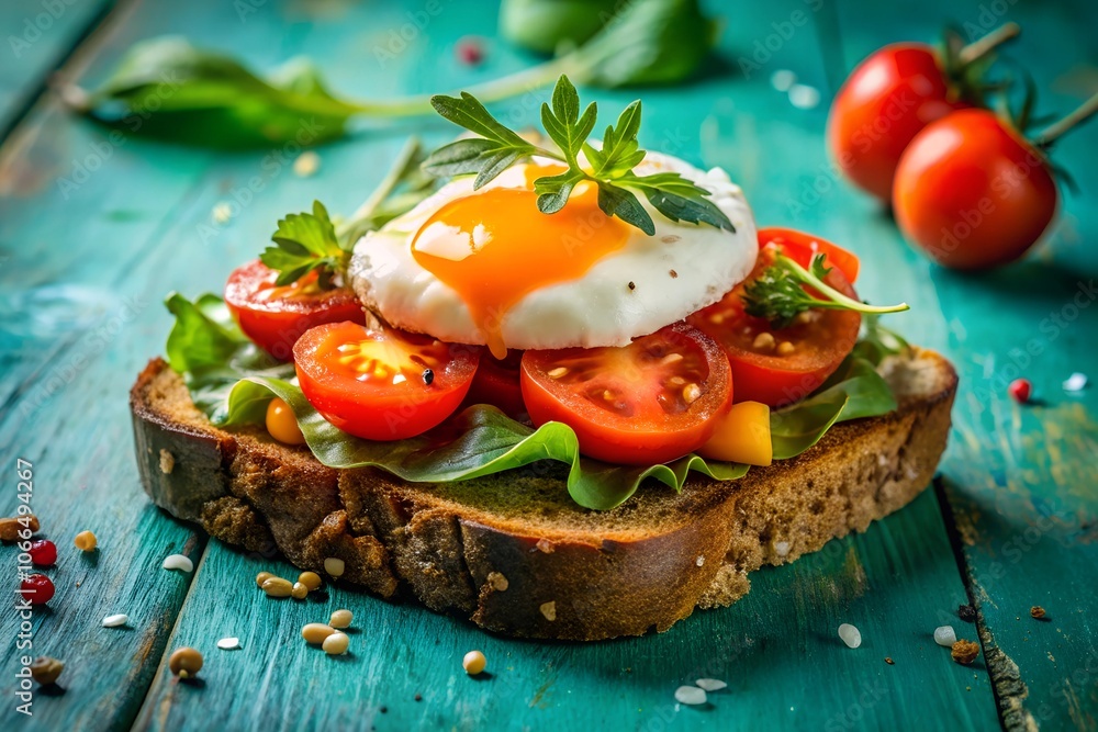 A delicious open-faced sandwich featuring a poached egg, ripe tomatoes, and fresh greens on a slice of whole grain bread, set against a vibrant turquoise background A delicious open-faced sandwich featuring a poached egg, ripe tomatoes, and fresh greens on a slice of whole grain bread, set against a vibrant turquoise background