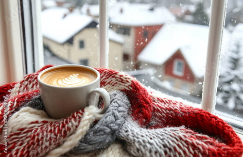 A photo of a red cup of hot coffee/tea/chocolate standing on a window on a red scarf background wallpaper