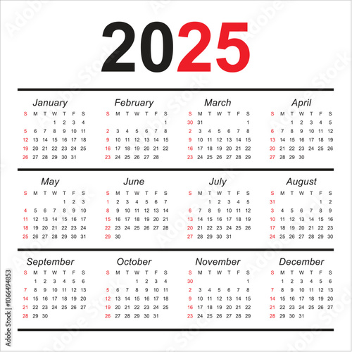 2025 year calendar vector design template