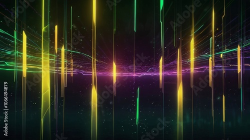 Bright abstract background with vertical glowing lines in yellow and green on dark background creating dynamic futuristic atmosphere.