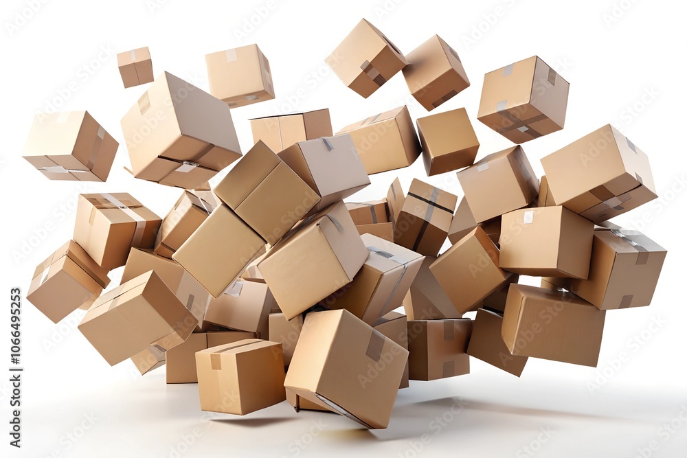 Fototapeta premium Cardboard boxes flying on white background