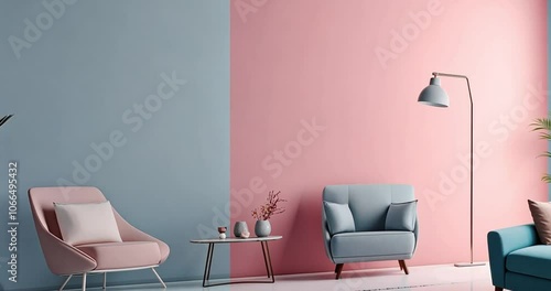 modern living room with blue and pink sofa