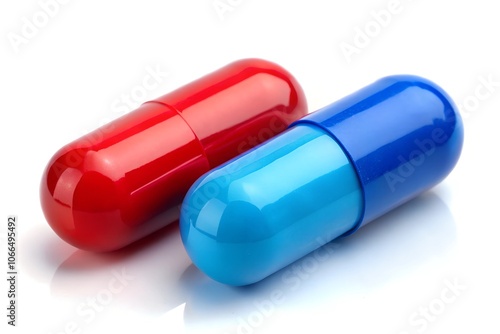 Blue pill and red pill supplement on white background