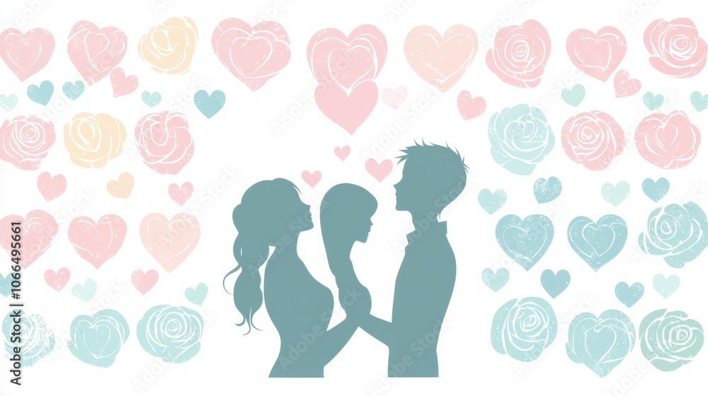 Romantic Silhouette with Hearts and Roses Background Romantic Silhouette with Hearts and Roses Background