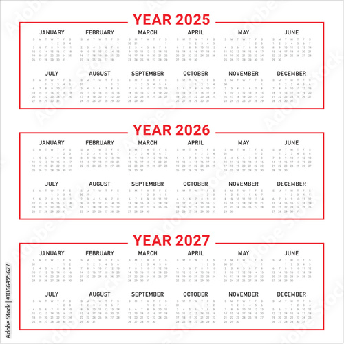 2025 2026 2027 year calendar vector design template