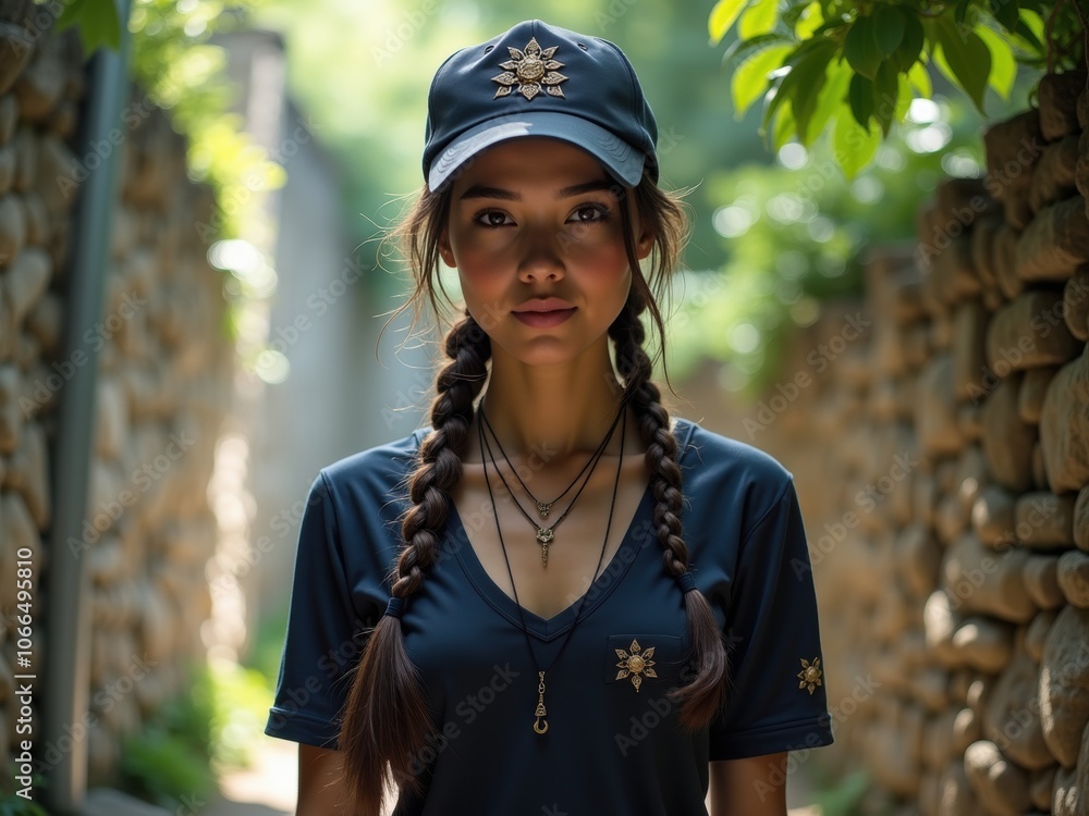 Young Woman With Braided Hair Stands in a Lush Alleyway Surrounded by Greenery in the Afternoon Light Young Woman With Braided Hair Stands in a Lush Alleyway Surrounded by Greenery in the Afternoon Light
