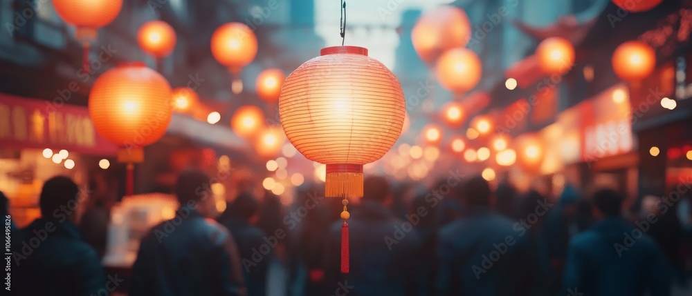 Colorful lanterns hang over a lively street filled with people enjoying the vibrant atmosphere of Chinese New Year festivities, celebrating tradition and culture Colorful lanterns hang over a lively street filled with people enjoying the vibrant atmosphere of Chinese New Year festivities, celebrating tradition and culture