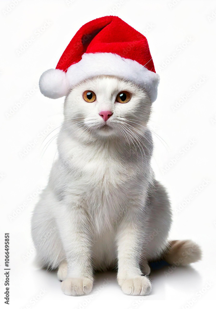cute cat wearing santa claus hat sitting on white floor isolated on white background cute cat wearing santa claus hat sitting on white floor isolated on white background