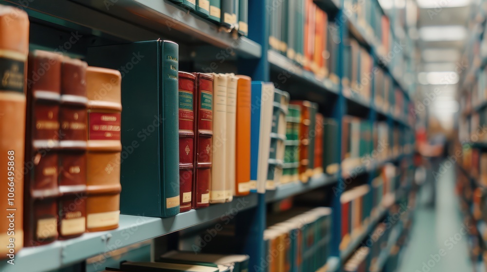 A tranquil library scene featuring rows of colorful books on shelves, ideal for educational and literary themes.