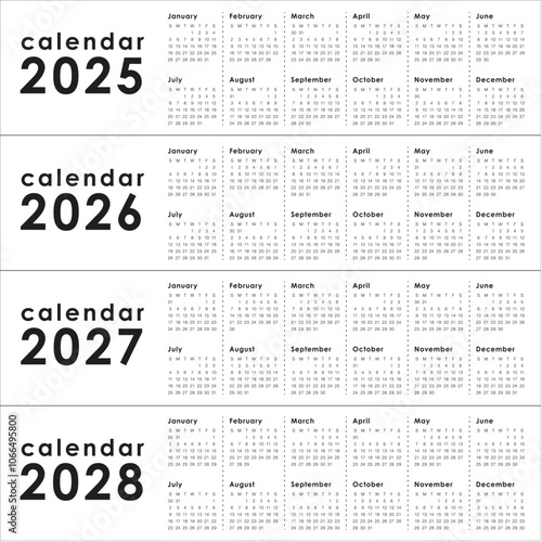 2025 2026 2027 2028 year calendar vector design template