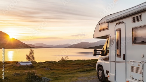 A tranquil sunset view featuring a camper near a serene lake, surrounded by mountains and lush greenery. photo