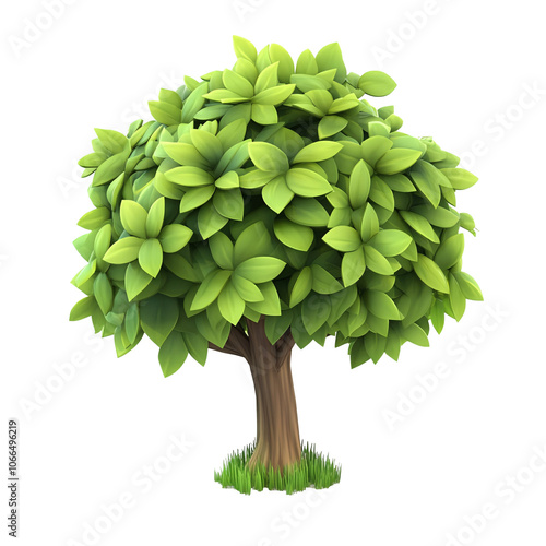 3D cartoon-style tree with vibrant green leaves isolated on transparent background.