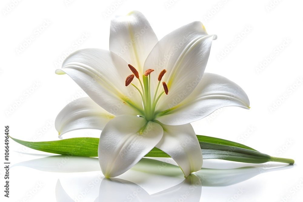 Single pure white lily head on white background Single pure white lily head on white background