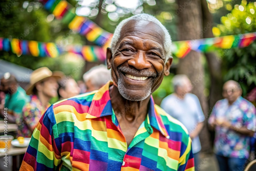 A man in a rainbow shirt is smiling and looking at the camera A man in a rainbow shirt is smiling and looking at the camera