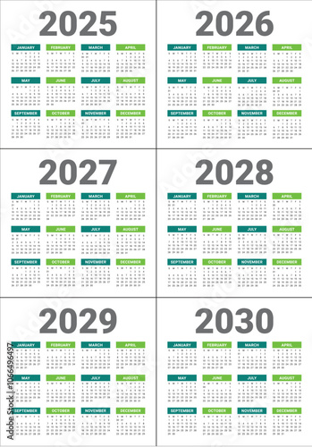 2025 2026 2027 2028 2029 2030 year calendar vector design template