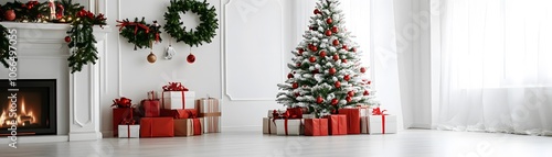 Decorated Christmas Tree and Fireplace with Presents in a White Room