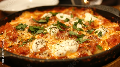 A close-up of a delicious-looking dish of pasta covered in marinara sauce, melted cheese, and a dollop of sour cream, garnished with fresh basil leaves.