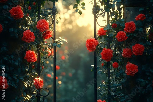 Fototapeta Naklejka Na Ścianę i Meble -  Red roses blooming on an iron gate in a garden bathed in golden sunlight.