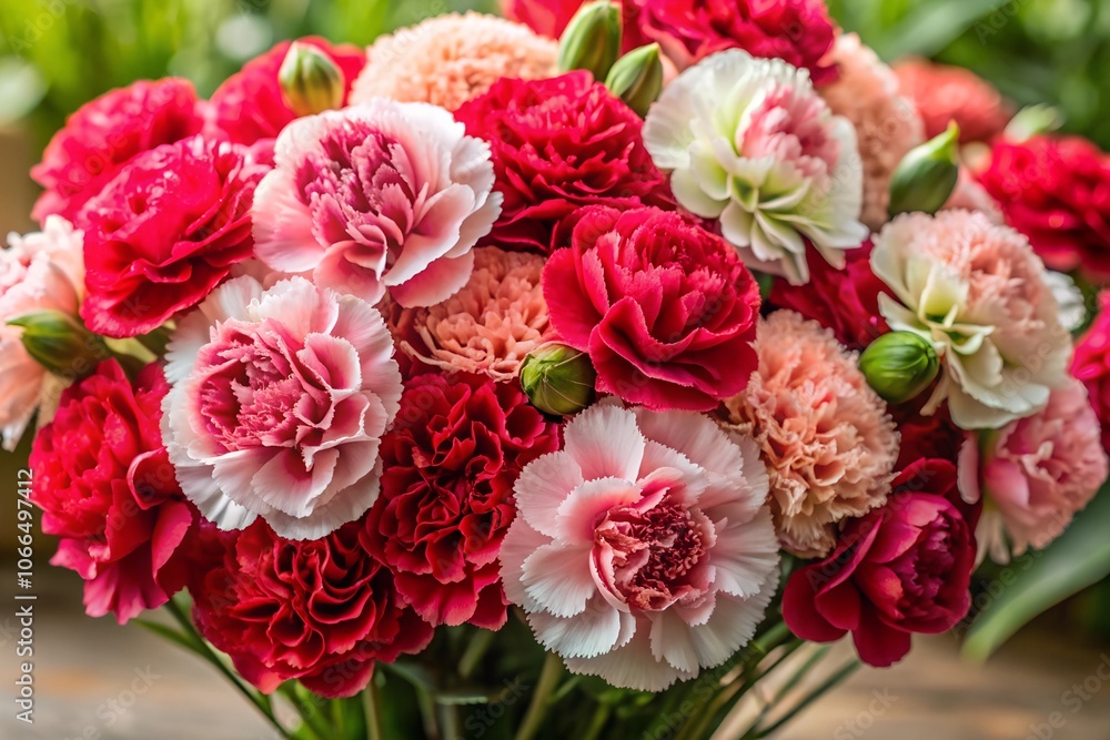 A vibrant bouquet of carnations in shades of pink, red, and white, with ruffled, textured petals and sturdy green stems A vibrant bouquet of carnations in shades of pink, red, and white, with ruffled, textured petals and sturdy green stems