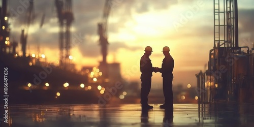 Two male construction workers in hard hats shake hands at sunset on a job site.