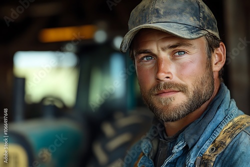 A portrait of a rugged farmer in denim overalls and a worn cap.