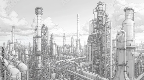 Industrial Complex Sketch: Towers, Pipes, and a Cloudy Sky