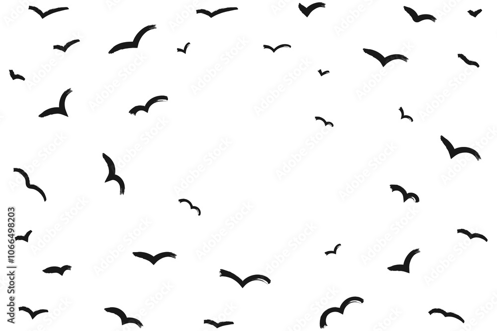 Fototapeta premium Grunge Artistic Birds in Flight in Circular Formation. Distressed messy ink silhouettes of a flock of birds drawn with markers and crayons set
