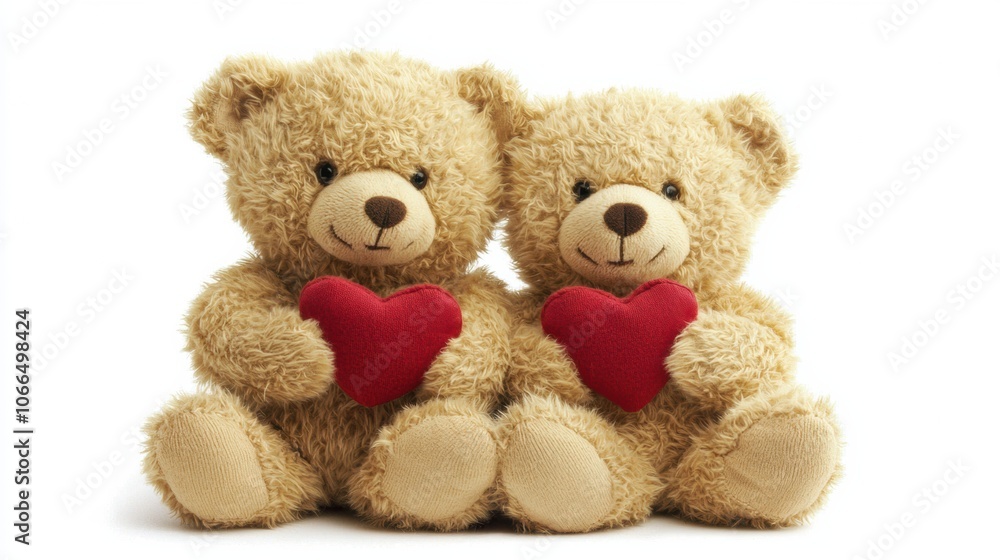 Cute teddy bears holding red hearts together Cute teddy bears holding red hearts together
