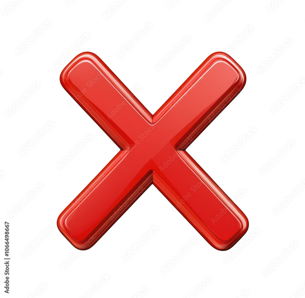 Glossy red X symbol, bold 3D cross icon for error, cancel, or close applications, isolated on transparent background, vibrant design element for interface icons Glossy red X symbol, bold 3D cross icon for error, cancel, or close applications, isolated on transparent background, vibrant design element for interface icons