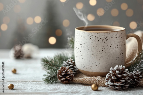 Cozy gluhwein mug rests on a festive table with pinecones and a winter backdrop during the holidays