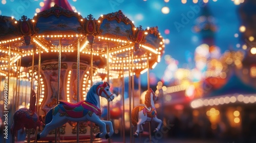 A carousel with glowing lights at an amusement park at night.