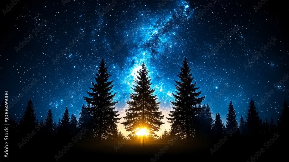 Naklejka premium Night Sky with Silhouetted Trees and Milky Way Galaxy