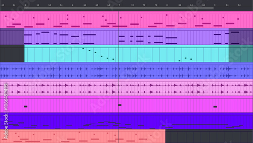 Waveform Background Digital Audio Workstation DAW application. Dj music bg. Midi notes.  Vector illustration