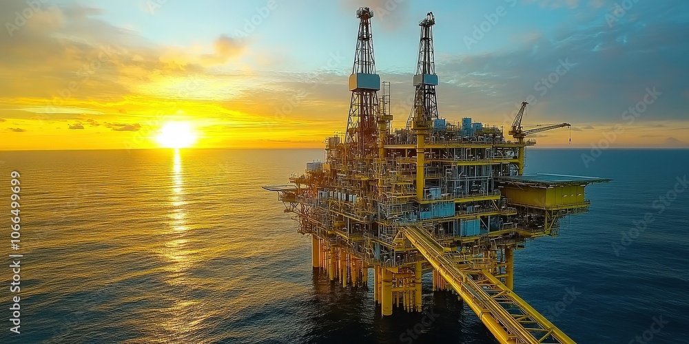 Sunset Over Offshore Oil Drilling Platform Sunset Over Offshore Oil Drilling Platform