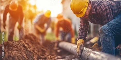 Group of male laborers working on a pipeline installation outdoors at sunset. photo