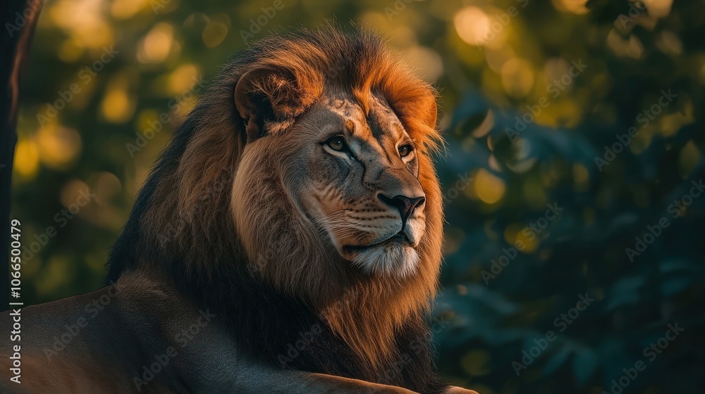Naklejka premium Close-up Portrait of a Majestic Lion with a Lush Green Background