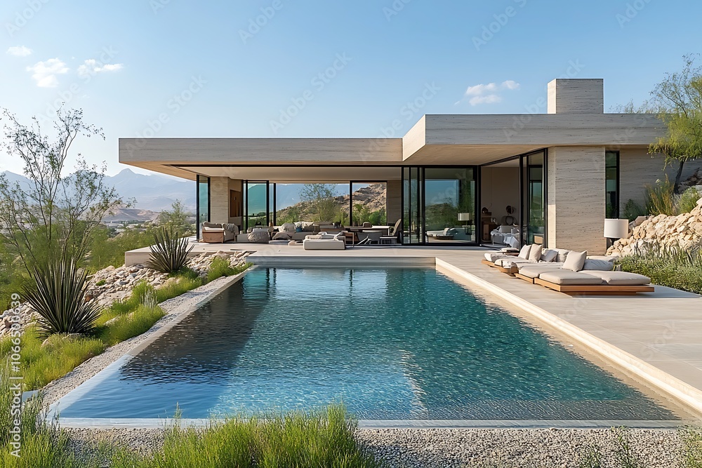 Fototapeta premium A modern, minimalist house with a large pool overlooking a mountain view.