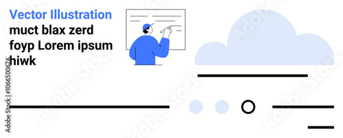 Man instructing with pen on screen, cloud symbol in background, text sections, various UI elements. Ideal for education, online learning, cloud storage, communication, content creation, virtual