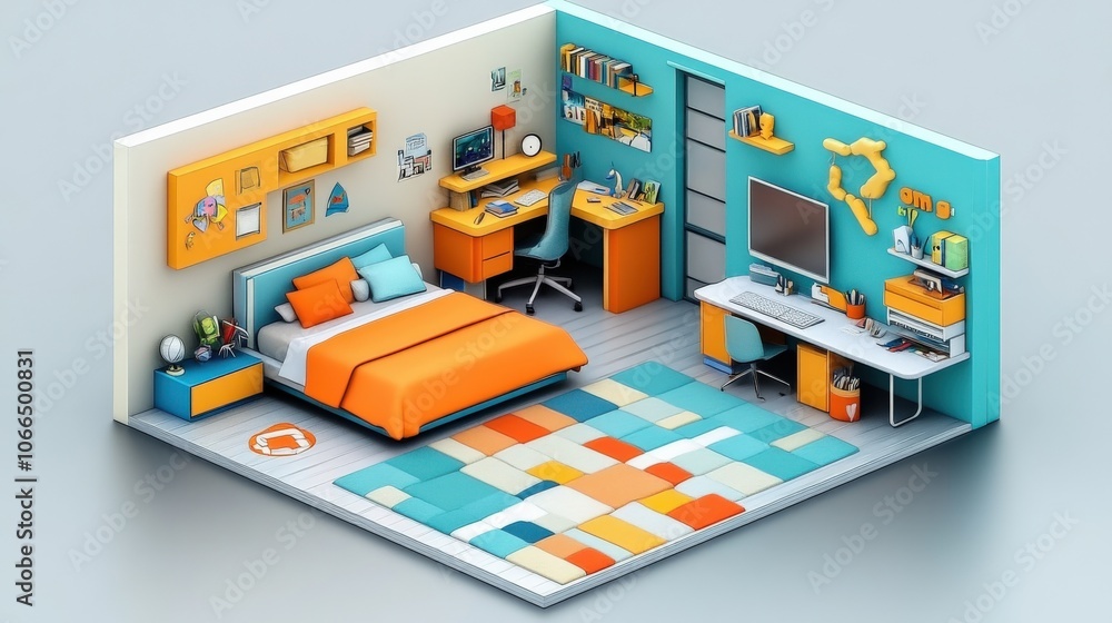 3D Bedroom Layout Map Rendered in Isometric Perspective with Detailed Furniture Arrangement, Modern C4D Rendering Style for Interior Design Visualization 3D Bedroom Layout Map Rendered in Isometric Perspective with Detailed Furniture Arrangement, Modern C4D Rendering Style for Interior Design Visualization