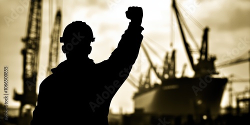 Silhouette of a male construction worker celebrating with raised fist at a port.