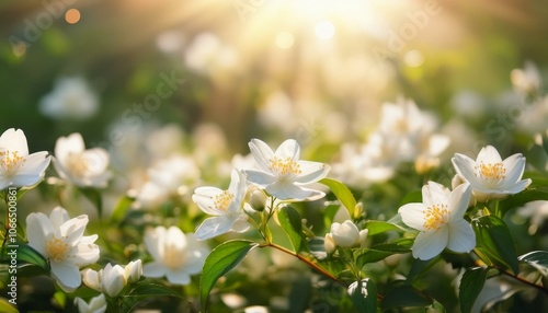 A field of blooming white jasmine flowers, filling the air with their sweet fragrance