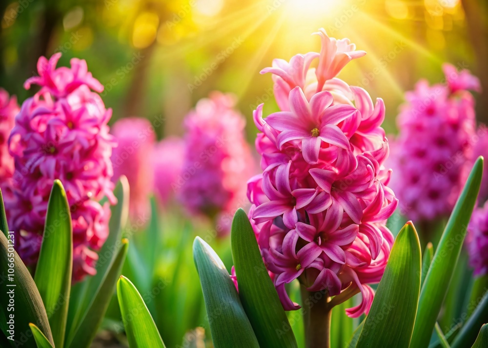 Bright Pink Hyacinth Silhouette in Sunny Garden - Beautiful Flower Heads with Green Leaves in April May Blooming Paradise Bright Pink Hyacinth Silhouette in Sunny Garden - Beautiful Flower Heads with Green Leaves in April May Blooming Paradise