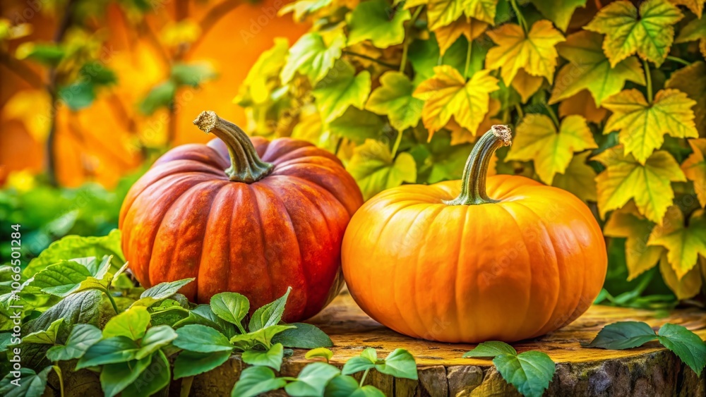 Naklejka premium Bright Yellow Background with Two Pumpkins Surrounded by Green Leaves – Autumn Harvest, Seasonal Decor, Fall Aesthetics, Nature, Agriculture, Halloween Inspiration, Organic Produce