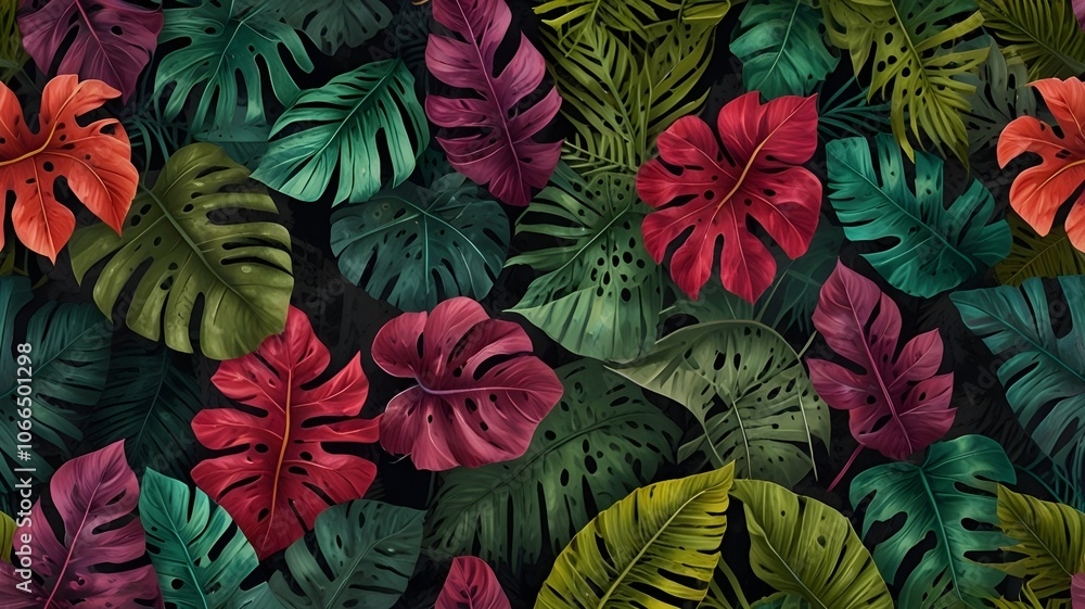 A realistic image of vibrant, drawn exotic tropical leaves intricately detailed on a weathered concrete grunge wall. A realistic image of vibrant, drawn exotic tropical leaves intricately detailed on a weathered concrete grunge wall.