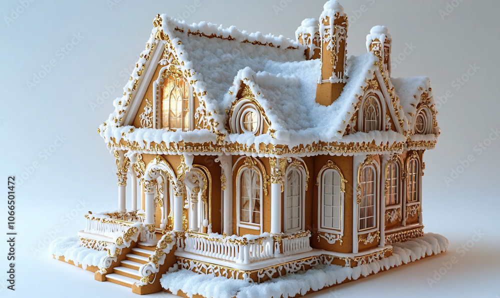 Obraz premium Luxury Gold Christmas Gingerbread House Music Box on White Background